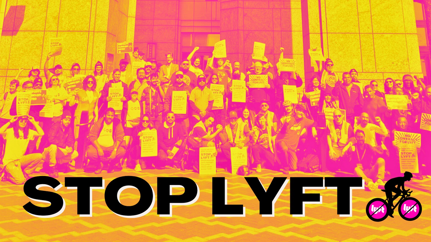 A stylized image of Metro Bike Share workers and protestors with signs. The words 'Stop Lyft' are written over the image.