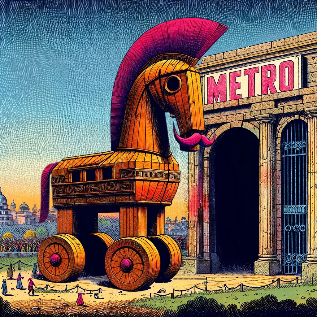 Una ilustración de un gran caballo de Troya con un gran bigote rosa acercándose a un majestuoso edificio romano etiquetado como 'Metro'